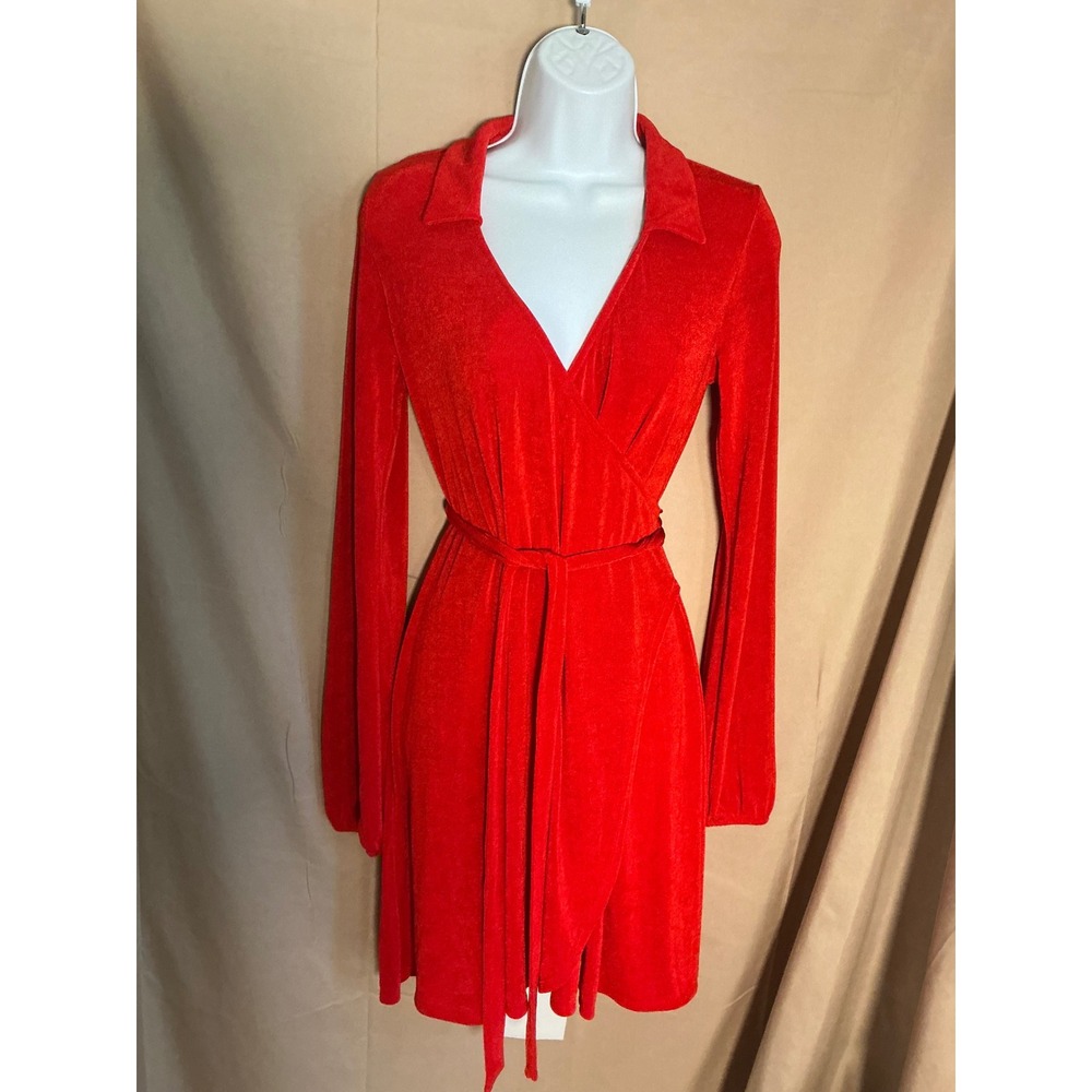 Wild Fable Wrap look Dress Women Small Red Excellent Long Sleeve Collared V-Neck